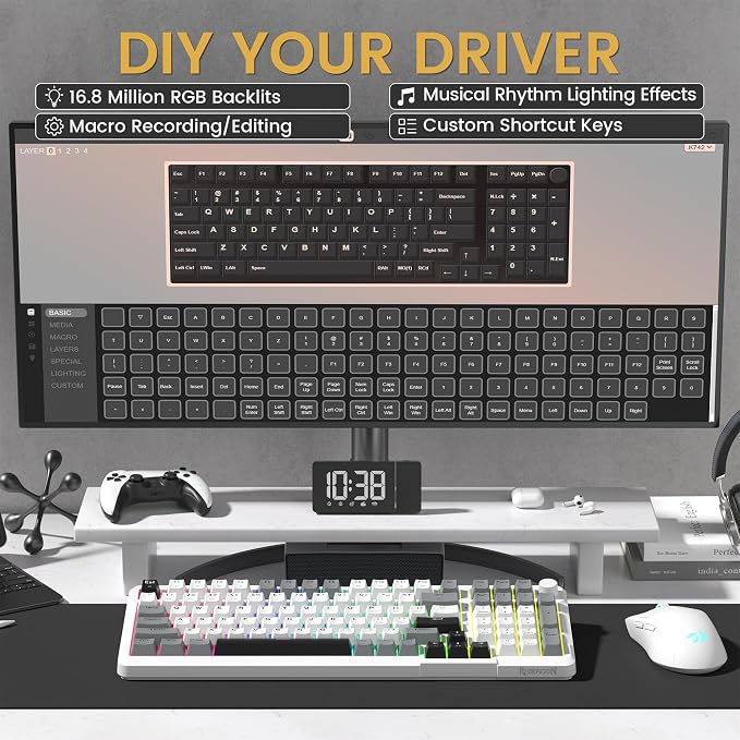Redragon K742 Wireless Mechanical Gaming Keyboard with Knob, Bluetooth 5.0/2.4GHz/USB C Wired Creamy Keyboard with Number Pad for PC Computer, RGB Backlits, Hot-Swappable with Linear Switches (White) - Image 4