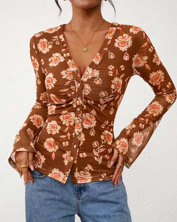BTFBM Button Down Shirts for Women 2026 Fall Boho Tops V Neck Long Sleeve Blouses Ruched Mesh Fitted Fashion Clothing - Image 2