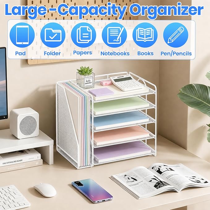 OPNICE Desk Organizer, 5-Tier Paper Organizer Letter Tray with Magazine Holder, Office Desk Accessories & Workspace Organizers, Desktop File Organizer for Office Supplies Storage, White - Image 5