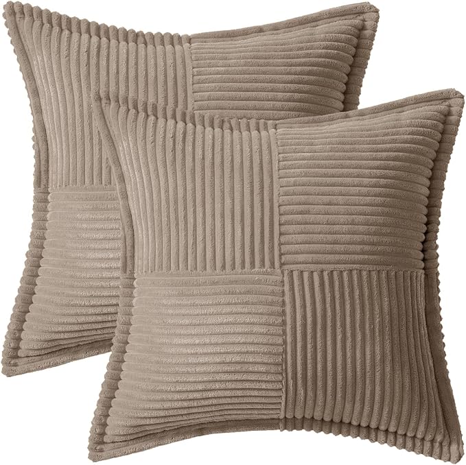 MIULEE Decorative Throw Pillow Covers for Couch Bed Livingroom 18x18 Inch Set of 2 Light Brown Boho Accent Throw Pllows Broadside Striped Patchwork Soft Corduroy Pillowcases - Image 6