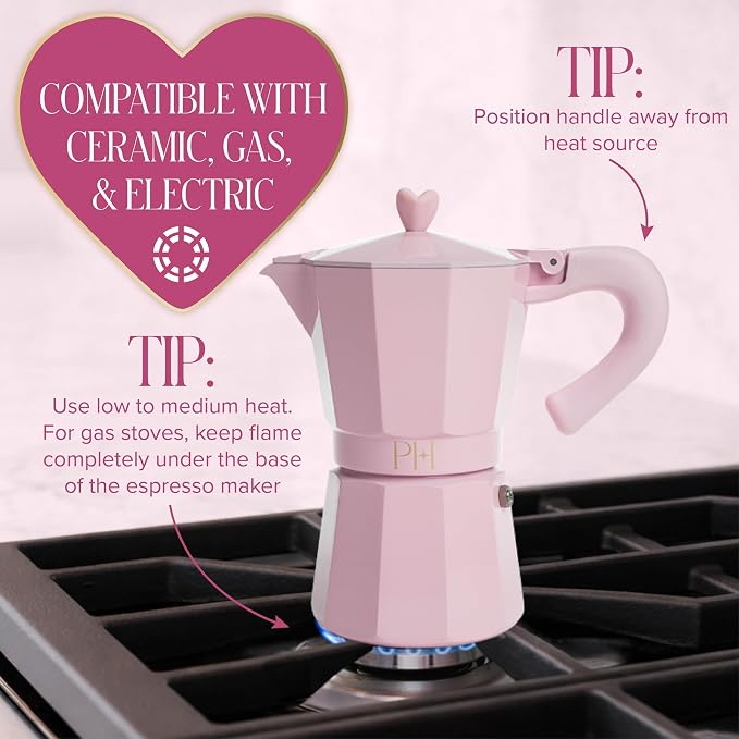 Paris Hilton Stovetop Espresso and Coffee Maker, Italian & Cuban Style Coffee Pot with Iconic Heart Knob, Perfect for Rich Aromatic Espresso, Makes up to 6 Espresso Cups, Pink - Image 5