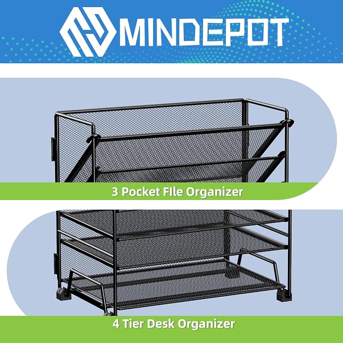 MINDEPOT 4-Tier Paper Organizer + 3-Pocket File Holder, Desktop File Organizers Paper Tray for Office School Classroom Workspace Organization (Black Desk Organizer, No Drawer & No Pen Holder) - Image 3