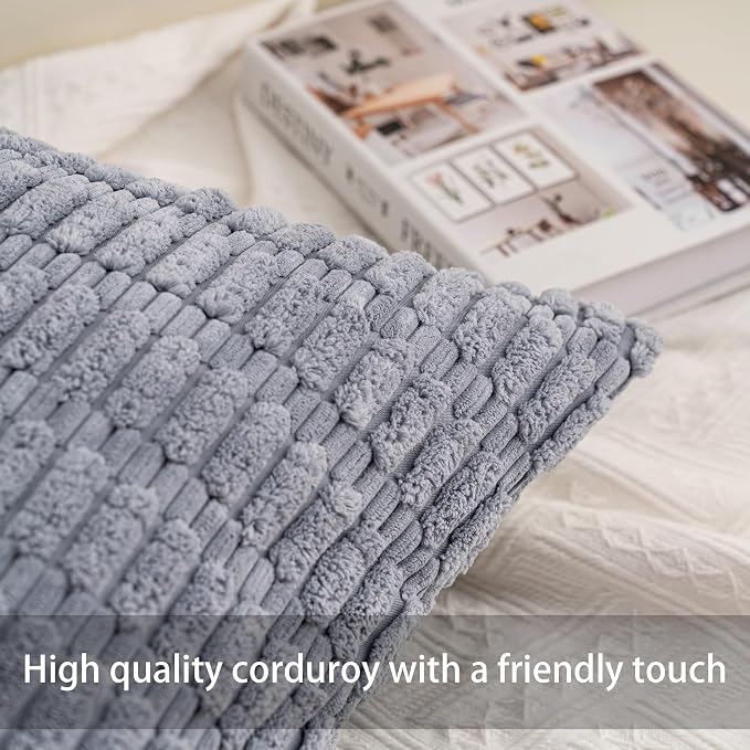 Aegero Pack of 2 Corduroy Decorative Throw Pillow Covers 20x20 InchSoft Boho Striped Pillow Covers Modern Farmhouse Home Decor for Sofa Living Room Couch Bed（Light Grey） - Image 3