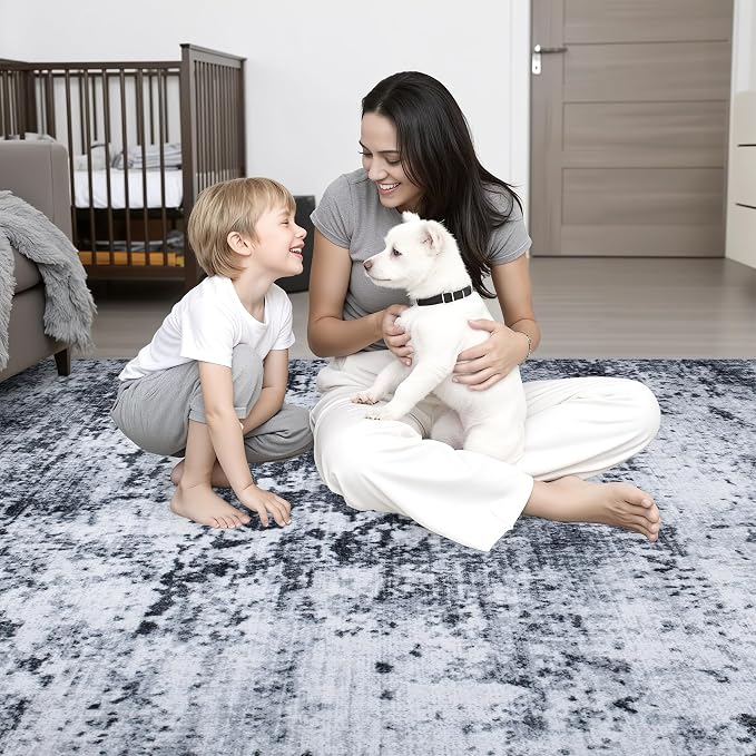 5x7 Area Rug Living Room Rug: Washable Modern Abstract Soft Thin Rug Indoor Floor No Slip Stain Resistant Carpet for Bedroom Dining Room Farmhouse Nursery Home Office - Black - Image 9