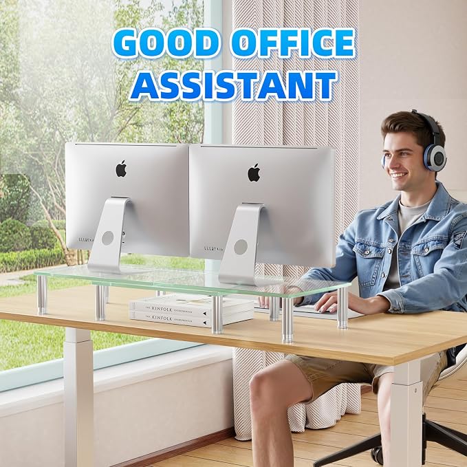 Simple Trending Glass Dual Monitor Stand, Adjustable Length/Height, Clear | 41.5"L x 9.5"W x 5"H, height 3.5"-5", length 28.37"-41.5". Hold 260 lbs. Stainless steel feet. Tempered glass. Easy assembly - Image 4