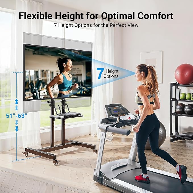 PERLESMITH Rolling TV Stand on Wheels for 32-83 Inch Screens up to 110lbs, Mobile TV Cart Height Adjustable Portable Outdoor TV Stand Tilt Rolling TV Cart with Shelf Max VESA 600x400mm PSTVMC03 - Image 2
