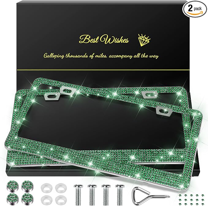 QUANQIUFEI 2 Pack Bling License Plate Frames for Women, Sparkly Rhinestone Diamond Car Accessories with Glitter Crystal Caps (Dark Green) by QUANQIUFEI
