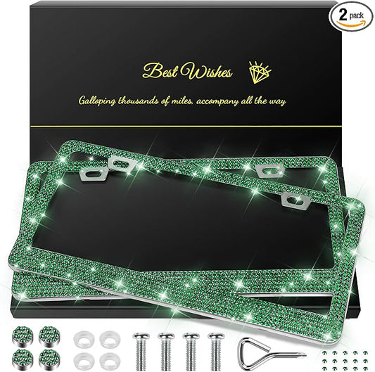 QUANQIUFEI 2 Pack Bling License Plate Frames for Women, Sparkly Rhinestone Diamond Car Accessories with Glitter Crystal Caps (Dark Green) by QUANQIUFEI