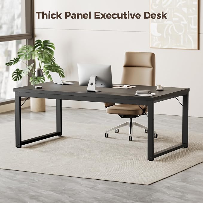 Mericonia 54 Inch Computer Desk, 1" Thick Large Office Table, Black | Modern Simple Style, Heavy Duty Industrial Frame, Study & Writing Table for Home Bedroom Work - Image 3