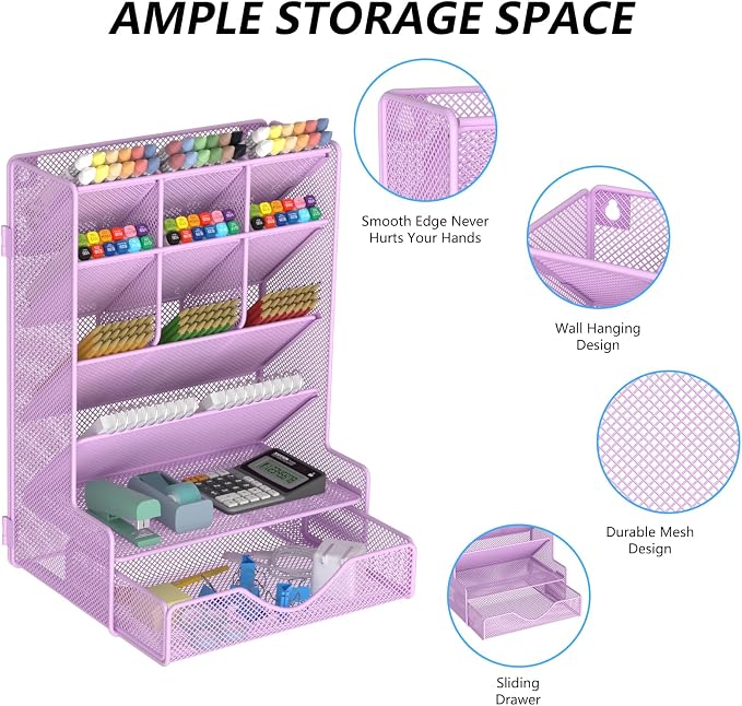 BOHDK Pen Organizer for Desk, Multi-Functional Desk Organizer, Wall Mount Pen Holder with Drawer for School, Office, Home, Art Supplies, Purple - Image 3