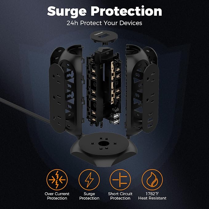 TESSAN Tower Power Strip Flat Plug with 1050J Surge Protection, 6 Ft, Black | 11 Outlets 3 USB (1 USB C), Surge Protector Power Tower, Extension Cord with Multiple Outlets, Dorm, Office Desk Supplies - Image 3