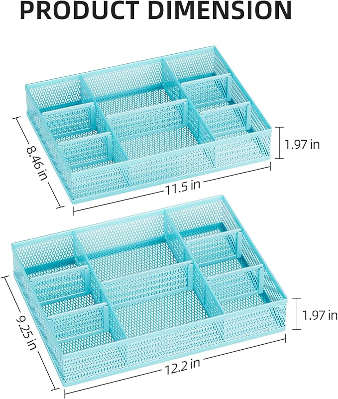 Marbrasse 2 Pack Desk Drawer Organizer, Mesh Drawer Organizer Tray with 8 Adjustable Compartments, Desk Organizers and Accessories, 5 Dividers Drawer for Office Supplies, Makeup & Vanity (Blue) - Image 5