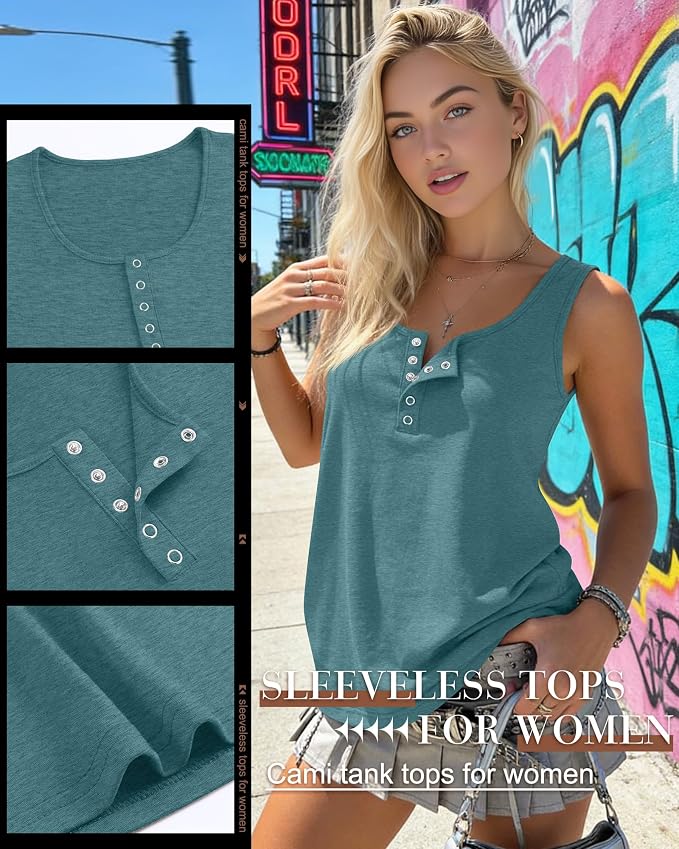 Ficerd 3 Pack Women's Henley Tank Tops Sleeveless Button Down Summer Shirts 2026 Casual Trendy Loose U Neck Tee Blouses - Image 4