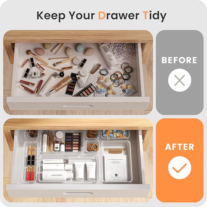 A-LuGei 【Military Grade】 Drawer Organizer,【】 Makeup organizer,【Holds 177 Items】 Bathroom Organizers and Storage,Organization and Storage,Desk Drawer Organizer for Vanity【Clear】 - Image 7