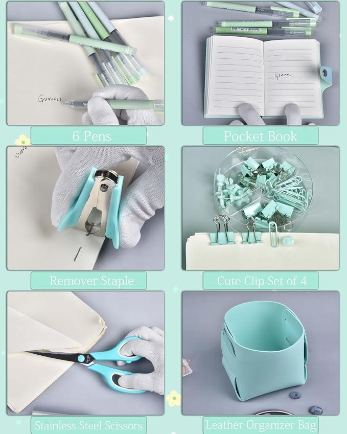 LXEVIHK 21Pcs Green and Blue Desk Organizers and Accessories With Mesh Desk Organizer and 360°Rotating Pen Holder and a Lot of Office Green Office Supplies Beautifully Presented in a Gift Box - Image 4
