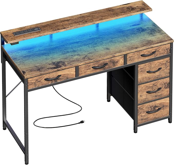 Huuger Gaming Desk with 6 Drawers, Computer Desk with LED Lights Power Outlets and Type-C, 39 Inch Office Desk with Storage, Monitor Stand, Writing Work Desk Home Office, Study, Rustic Brown by Huuger