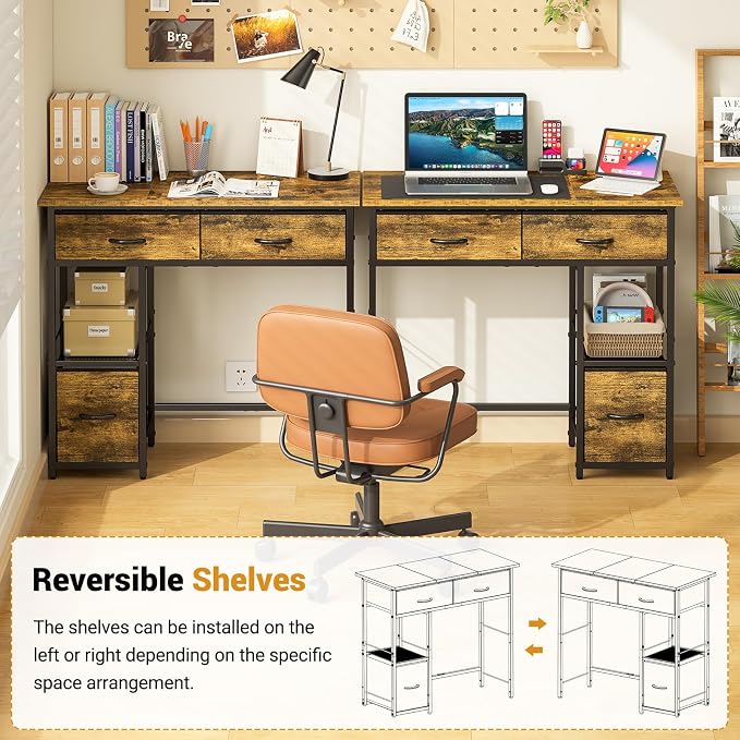3IngSeagulls 33 Inch Small Computer Desk with Fabric Drawers, Home Office Desk with Storage Shelf, Compact Desks for Small Spaces, Teen Study Table for Bedroom, Rustic Brown - Image 3