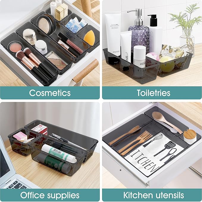 WOWBOX 25 PCS Plastic Drawer Organizer Set, Desk Drawer Divider Organizers and Storage Bins for Makeup, Jewelry, Gadgets for Kitchen, Bedroom, Bathroom, Office, Black - Image 5