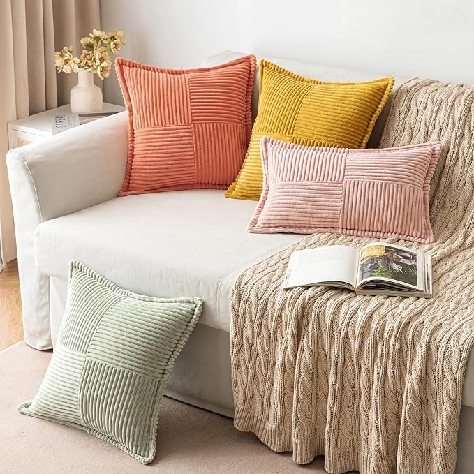 MIULEE Decorative Throw Pillow Covers for Couch Bed Livingroom 18x18 Inch Set of 2 Coral Red Boho Accent Throw Pllows Broadside Striped Patchwork Soft Corduroy Summer Pillowcases - Image 4