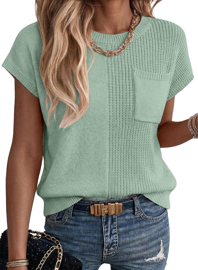 Dokotoo Summer Knit Tops for Women Sleeveless Crewneck T Shirts Casual Lightweight Sweater Blouses Shirts by Dokotoo