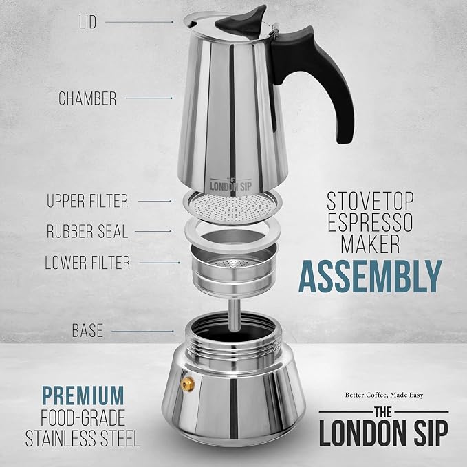 London Sip Stainless Steel Stovetop Espresso Maker Moka Pot Italian Coffee Percolator, Matte Black, 10 Cup - Image 9