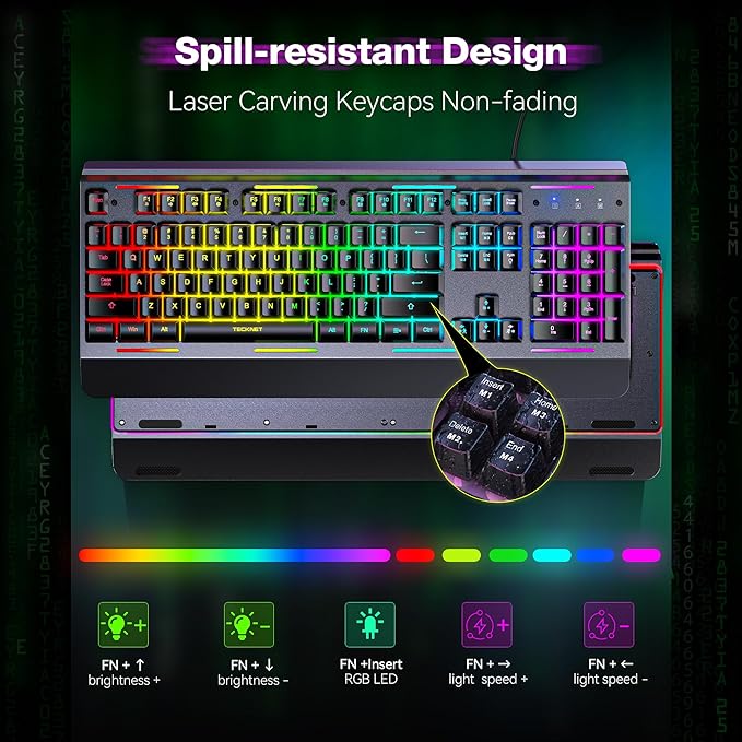 TECKNET Wired Gaming Keyboard, RGB Backlit Keyboard with Metal Panel Design | 15-Zone RGB Illumination, Whisper Quiet Design, IP32 Water Resistance, 25 Anti-ghosting Keys, Ergonomic Design - Image 6