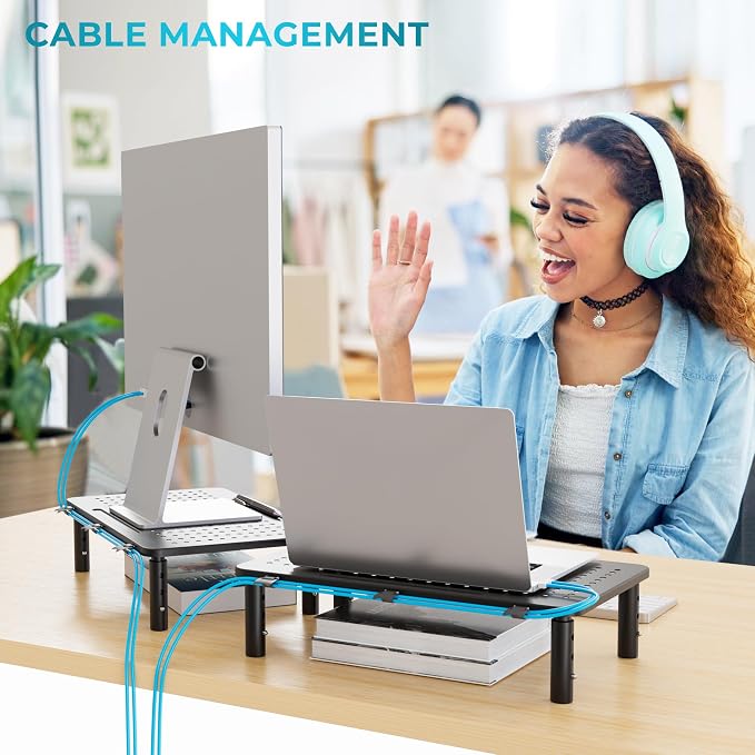 BONTEC Monitor Stand for Desk 2 Pack, 3-Level Height Adjustable Metal Monitor Riser, 14.5 x 9.1 in Ergonomic Computer Stand with Pen Holder & Cable Management for Printer, Laptop, Office Workstation - Image 4