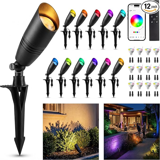 Smart RGBCW Landscape Lighting, 12V Low Voltage Outdoor Color Changing Spotlights, App & Remote Control, IP65 Waterproof, Replaceable MR16 Bulb for Garden, Pathway, Patio & Driveway, 12 Pack by Varmtalys