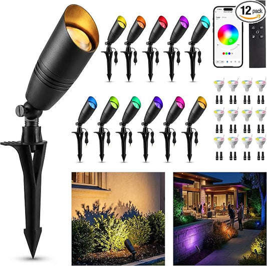Smart RGBCW Landscape Lighting, 12V Low Voltage Outdoor Color Changing Spotlights, App & Remote Control, IP65 Waterproof, Replaceable MR16 Bulb for Garden, Pathway, Patio & Driveway, 12 Pack by Varmtalys
