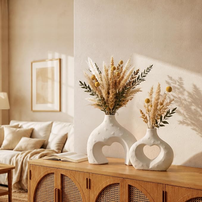 White Ceramic Flower Vases Table Decor Heart Shaped Vase Set of 2 | Nordic Heart Shaped Vases Minimalist Decorative Vase for Table Centerpiece Wedding Dining Living Room Office House Decoration - Image 5