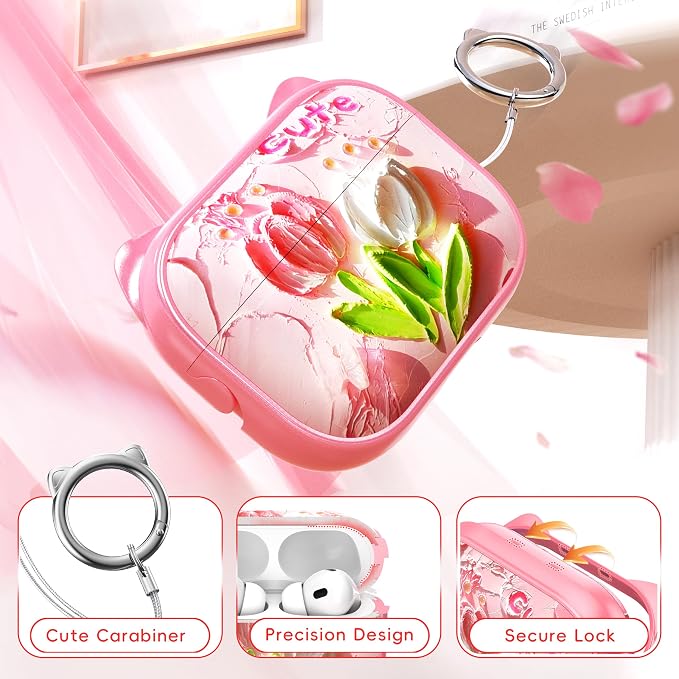 for AirPods Pro 2 Case with Cleaning Kit, Cute Cat Ear Print Design & Cute Buckle for Girls, Phone Holder & Top Safe Lock Buckle Design for AirPods Pro 2nd/1st Gen case, Tulip - Image 5