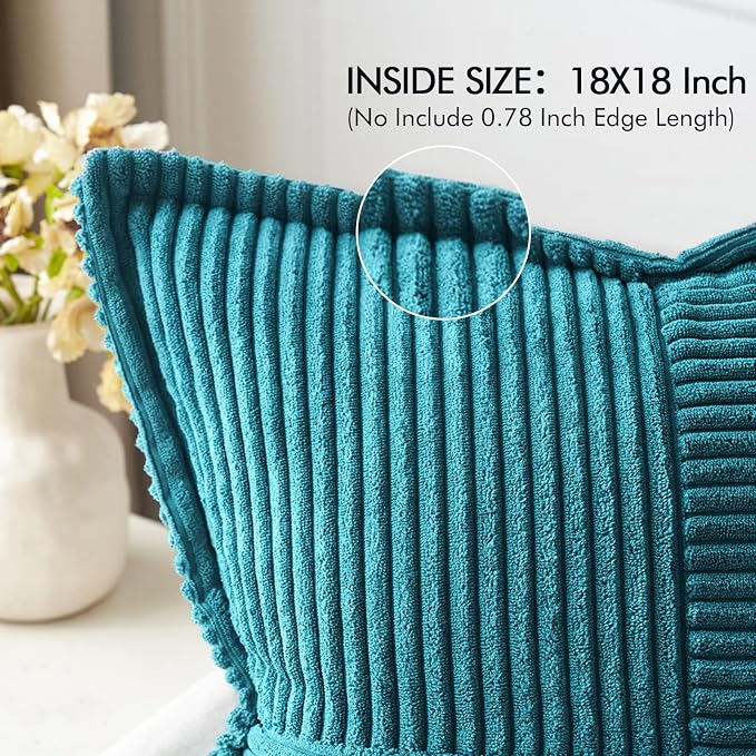 MIULEE Decorative Throw Pillow Covers for Couch Bed Livingroom 18x18 Inch Set of 2 Teal Blue Boho Accent Throw Pllows Broadside Striped Patchwork Soft Corduroy Summer Coastal Pillowcases - Image 2