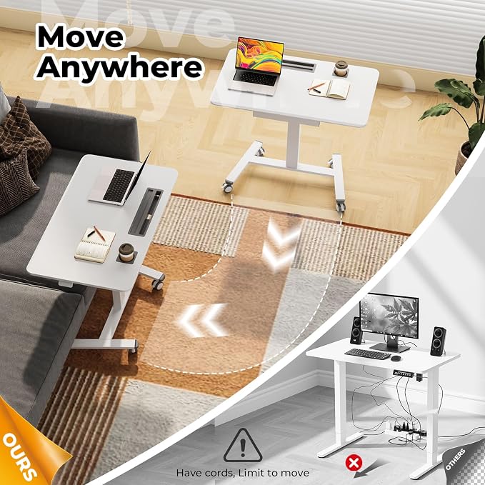 40"×24" Mobile Standing Desk with Drawer, Cup Holder & Hooks | Height Adjustable Portable Desk on Wheels, Small Computer Desk, Rolling Laptop Cart for Home Office, Classroom, White - Image 3