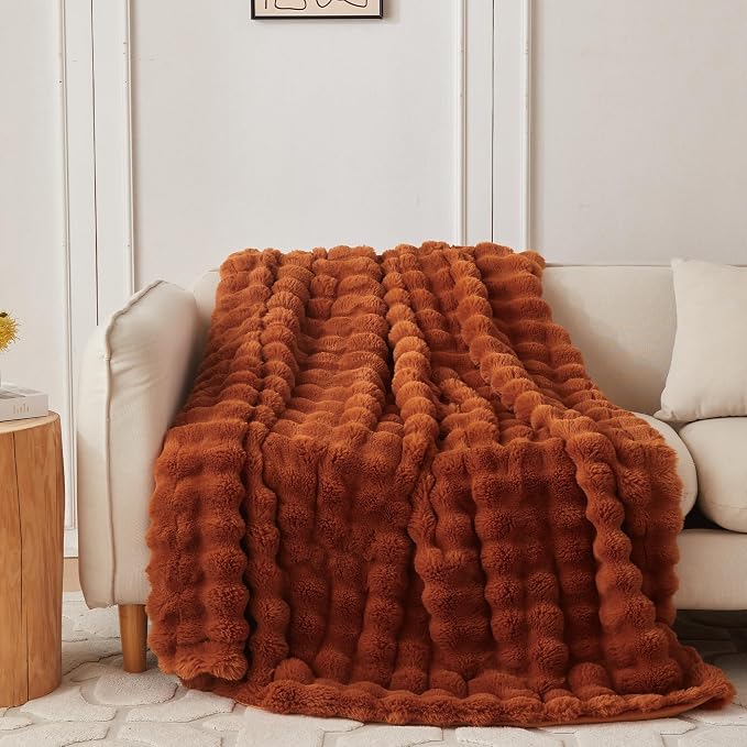 COOVA Faux Fur Throw Blanket for Couch, Cozy Soft and Fuzzy Plush Rabbit Fur Bubble Blanket for Sofa Bedroom Living Room, 60x80 Inches Brown by COOVA