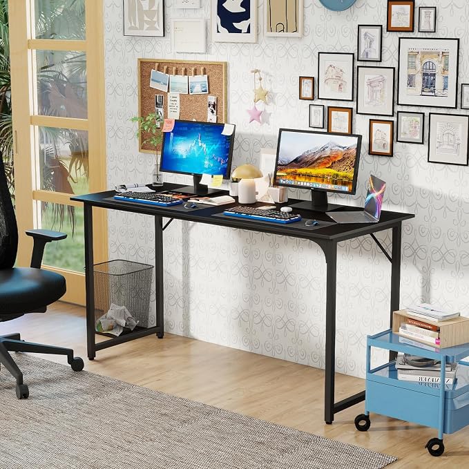 PayLessHere | 55 Inch Computer Desk | Black | Office Desk with Metal Frame, Adjustable Feet | Water-Resistant, Scratchproof Surface | Sturdy Writing Table for Home Office or Study | Pack of 1 - Image 2