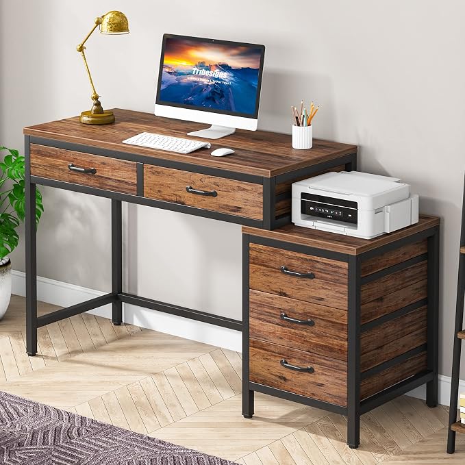Tribesigns Computer Desk with 5 Drawers, Reversible Home Office Desks | Small Desk with Drawer Cabinet Printer Stand, PC Desk with Storage, Rustic Study Writing Table Workstation for Small Spaces - Image 9