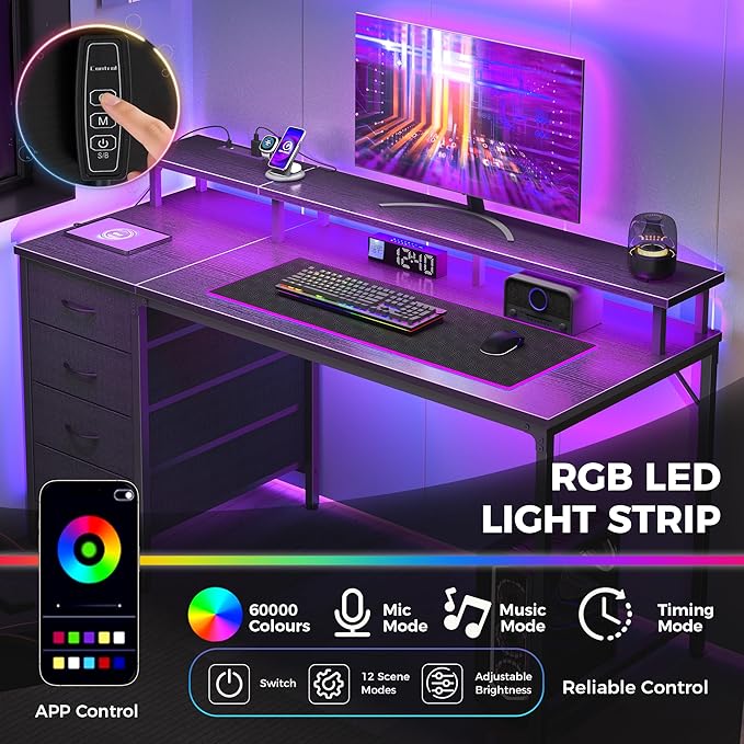 DUMOS 40-Inch Gaming Desk with Power Outlets and LED Lights, Black | Computer Desk with 4 Storage Drawers, Home Office Desk with Monitor Stand, Small Desk for Bedroom Study - Image 5
