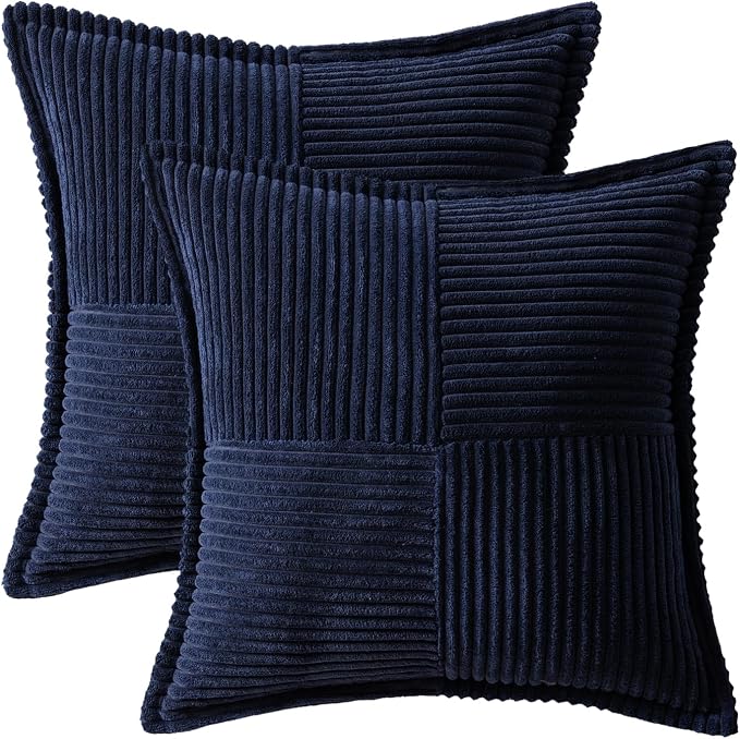 MIULEE Decorative Throw Pillow Covers for Couch Bed Livingroom 12x12 Inch Set of 2 Navy Blue Boho Accent Throw Pllows Broadside Striped Patchwork Soft Corduroy Summer Coastal Pillowcases - Image 6