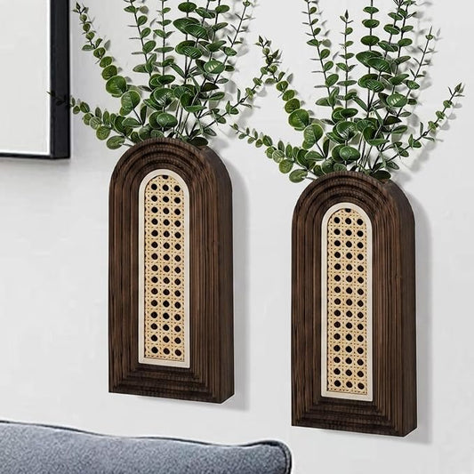 Dnnnii 2 Pack Wooden Wall Vase Set - Dark Brown Finish Hollow Rattan Modern Farmhouse & Boho Wall Decor for Entryway, Hallway, Bathroom, Living Room, Dining Room, Narrow Spaces by Dnnnii
