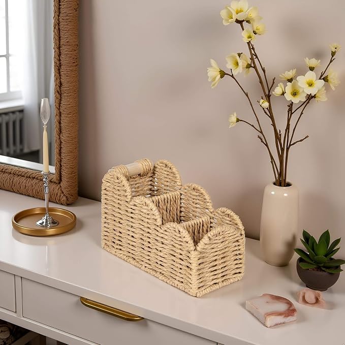 CubesLand Bedside Table Desk Organizer Caddy, Remote Pen&Pencil Holder Cup | Makeup Brush Holder w/Scalloped Perfect for Home, Office Desk, Living Room Table Decor, 3 Slots Beige - Image 7