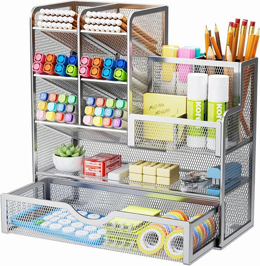 Marbrasse Mesh Pen Holder for Desk, Pen Organizer with Drawer, Multi-Functional Pencil Organizer, Desk Organizers and Accessories for Office Art Supplies (Silver) by Marbrasse