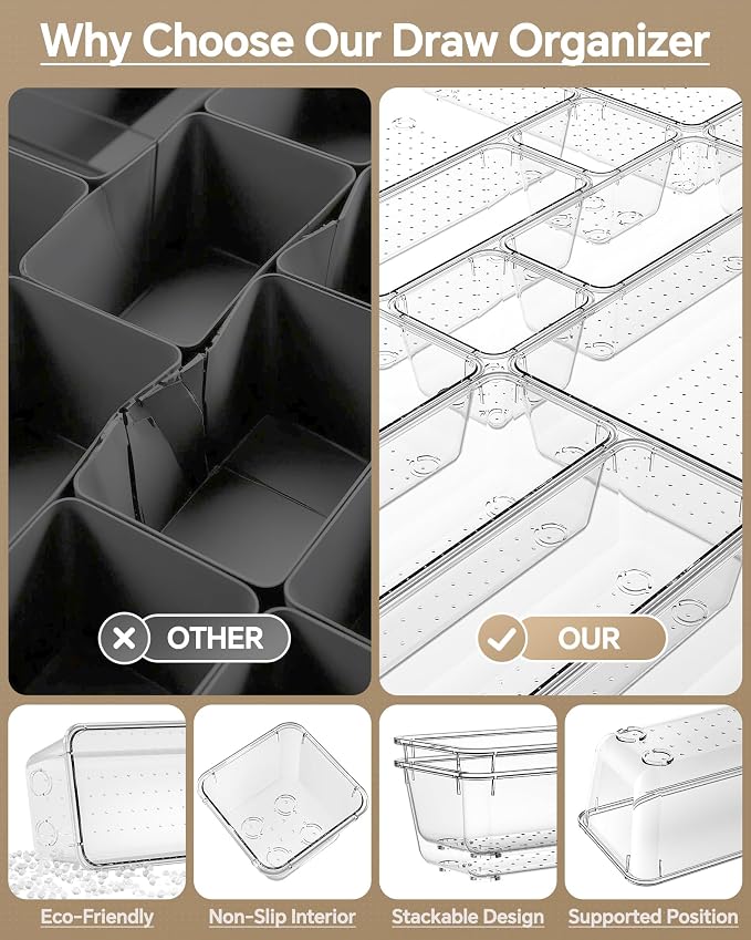 KEMETHY 25 PCS Plastic Drawer Organizers Set, 4 Sizes Vanity Organizer | Makeup and Desk Drawer Organizer Trays, Organization and Storage for Makeup, Bathroom, Kitchen Utensils and Office (Clear) - Image 5