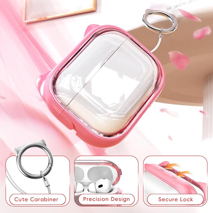 for AirPods Pro 2 Case with Cleaning Kit, Cute Cat Ear Print Design & Cute Buckle for Girls, Phone Holder & Top Safe Lock Buckle Design for AirPods Pro 2nd/1st Gen case, Clear Flowers - Image 4