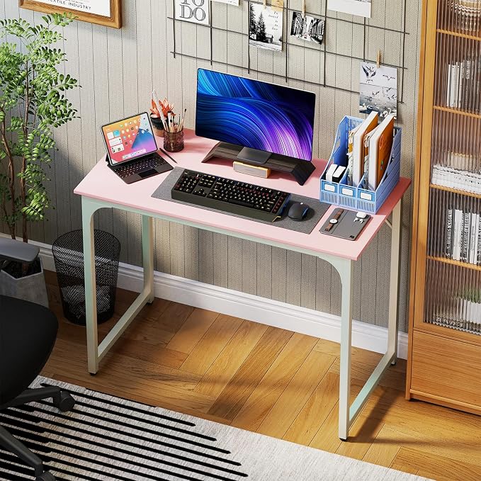 PayLessHere | 39 Inch Computer Desk | Pink | Office Desk with Metal Frame, Adjustable Feet | Water-Resistant, Scratchproof Surface | Sturdy Writing Table for Home Office or Study | Pack of 1 - Image 2