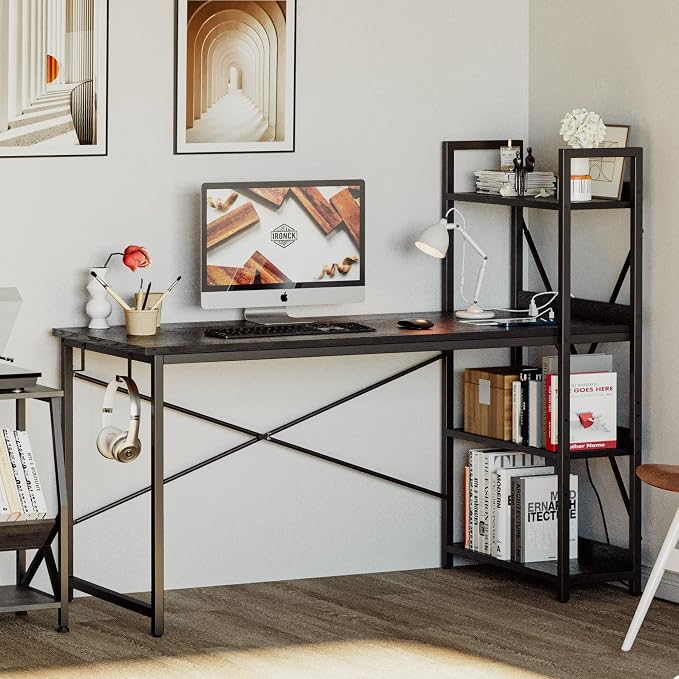 IRONCK Computer Desk 55" with Power Outlet and Storage Shelves, Study Writing Table with USB Ports Charging Station, PC Desk Workstation for Home Office, Black - Image 2