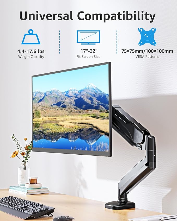 MOUNTUP Single Monitor Desk Mount Holds Screen up to 32 inch, Height Adjustable Monitor Arm, Full Motion Computer Monitors Stand with Clamp/Grommet Base, VESA Mounts Fit 4.4-17.6lbs Computer, Black - Image 3