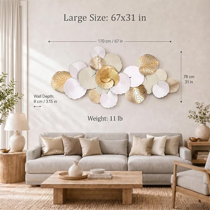Axioglo 67" Large Wall Decor 3D Lotus Leaf Metal Wall Art for Living Room | 67" x31" metal wall decor with layered metal texture, mounting hardware, two-way display - Image 7