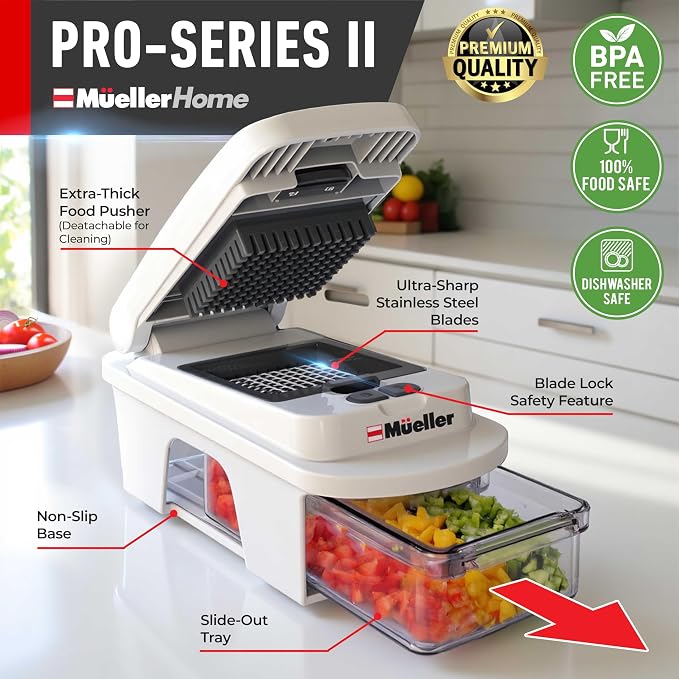 Mueller Pro-Series All-in-One, 12 Blade Mandoline Slicer for Kitchen | Spiralizer, Food Chopper, Vegetable Slicer, Cutter, Dicer, Grater, Kitchen Gadgets with Container, White Sand/Gray - Image 2