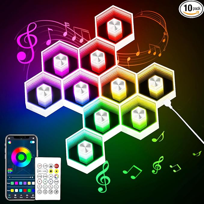 10 Pack Hexagon Lights Wall Panel | Hexagonal Led Lights Room Decor Wall Lights，Smart APP Music Sync Honeycomb Shape Panels Hexagon for Gaming Lights Decor by vimeepro