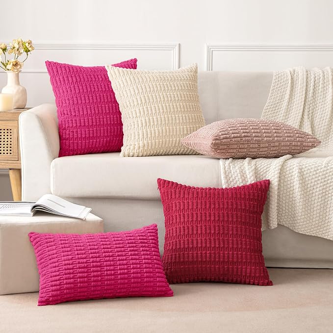 MIULEE Pack of 2 Corduroy Decorative Throw Pillow Covers 18x18 Inch Soft Boho Striped Pillow Covers Modern Farmhouse Home Decor for Sofa Living Room Couch Bed Hot Pink - Image 5